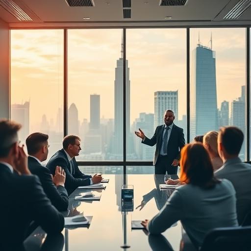 A confident leader presenting in a boardroom, symbolizing knowledge and growth