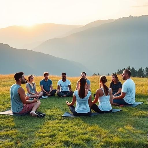 A diverse group of beginner meditators sitting in a calm space, promoting the importance of mindfulness and focus in time management.