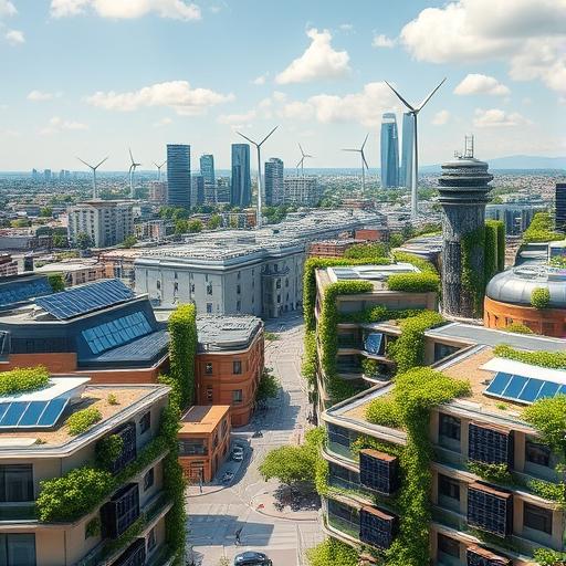 A futuristic cityscape powered entirely by renewable energy, symbolizing innovation and resilience.