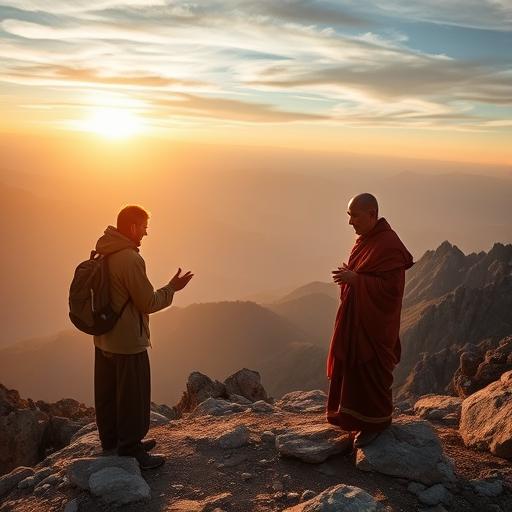 A lone traveler offering help to an elderly monk symbolizes support and growth.