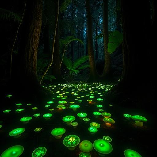 An exotic rainforest at night where the ground is speckled with lights