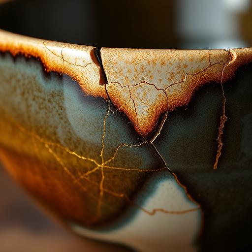 Close-up of a cracked ceramic bowl repaired with kintsugi, symbolizing strength and beauty