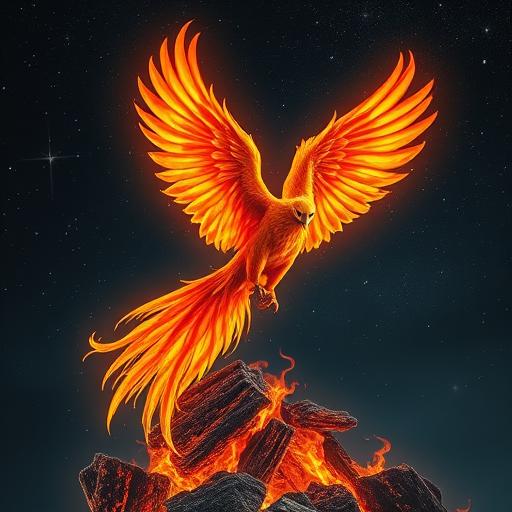 Phoenix rising from the ashes representing renewal and growth.