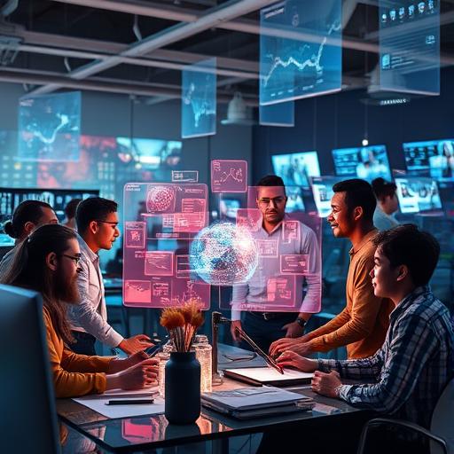 Diverse group collaborating in a high-tech environment, demonstrating community support