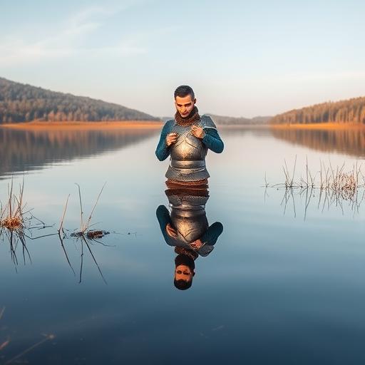 Man reflecting by a serene lake with reflection
