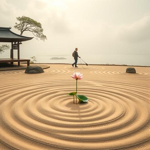 A tranquil zen garden with a lone traveler finding a path