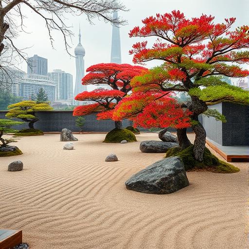 An enchanting zen garden filled with raked sand patterns