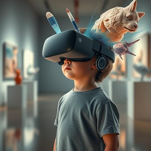 Surreal image of a young child wearing VR goggles exploring new realities and possibilities
