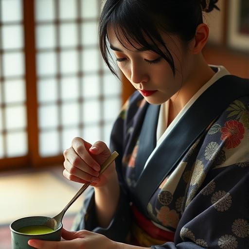 A detailed view of a Japanese woman in a traditional kimono