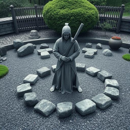 Warrior-like figure in a zen garden symbolizing resilience