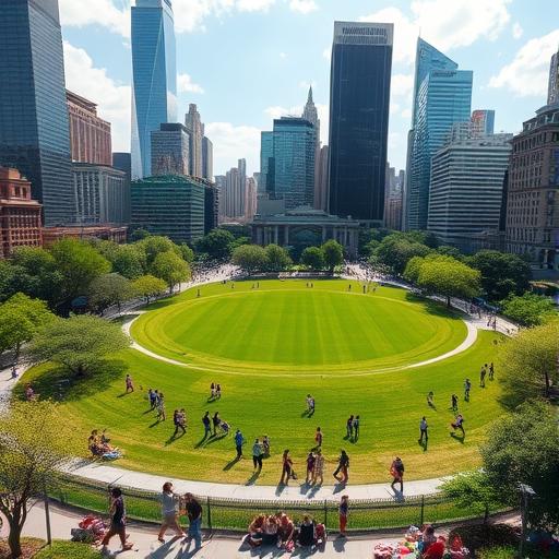 A bustling cityscape with a large lush green park