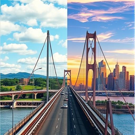 A collage-like image depicting a bridge with two sides