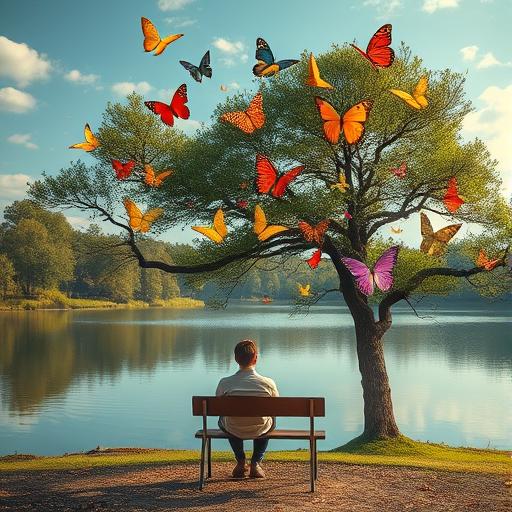 Person on a bench in surreal landscape embracing challenges