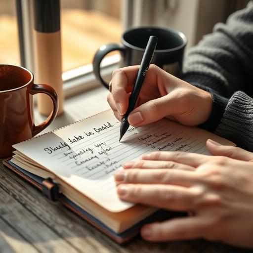 Close-up of hands writing down goals in a journal with determination