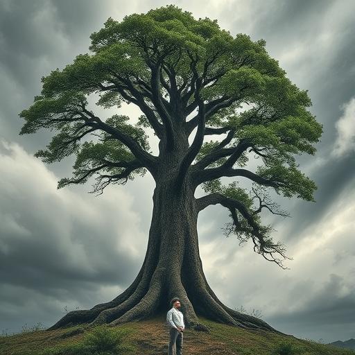 Towering oak tree standing firm against a storm