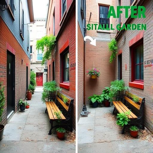 Before and after scene of a neglected urban alley transformed into a vibrant garden