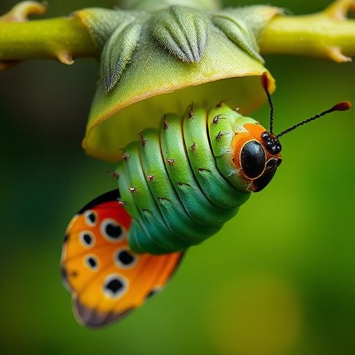 A close-up view of a caterpillar transforming into a butterfly symbolizing metamorphosis