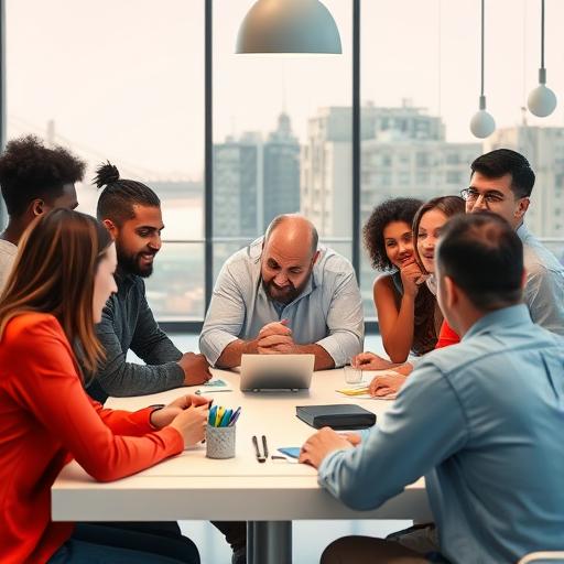 Diverse team collaborating in a positive environment
