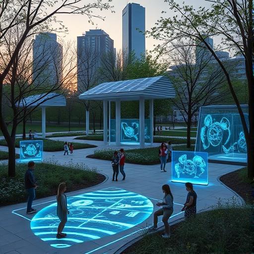 A serene urban park of the future with interactive displays, illustrating the fusion of technology and education.