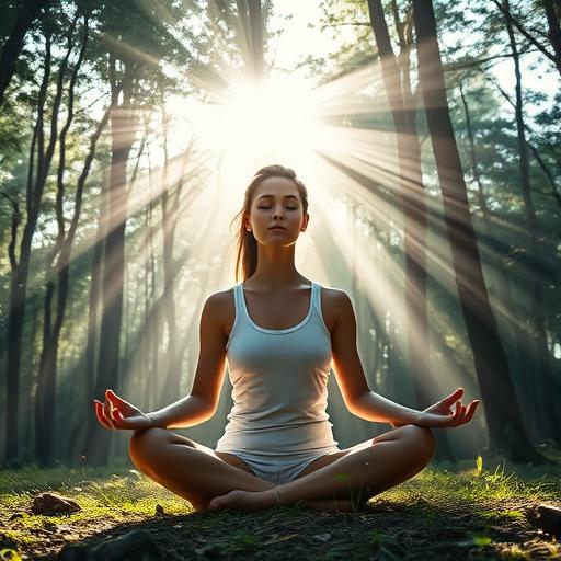 A woman meditating in a serene forest with rays of sunlight