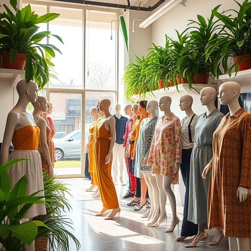 A vibrant scene inside a bustling eco-friendly fashion setup