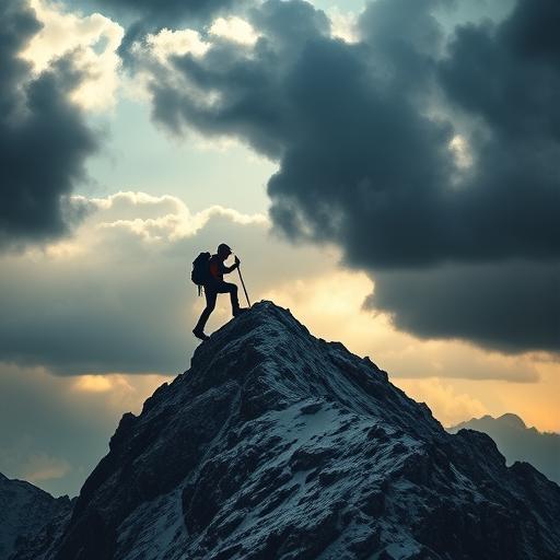A lone mountain climber reaching the summit, symbolizing overcoming challenges