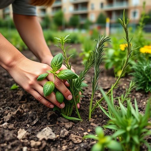 A close-up shot of a hands-on gardener planting basil