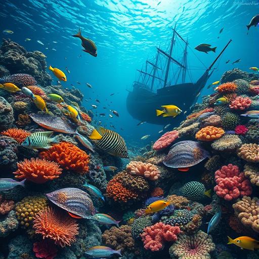 A vibrant coral reef bustling with a diverse array of life