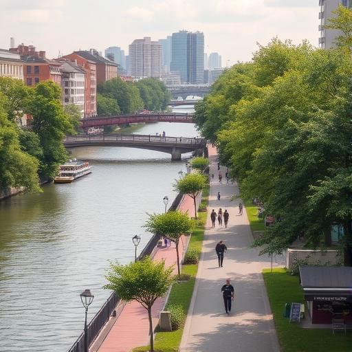 Peaceful riverwalk environment