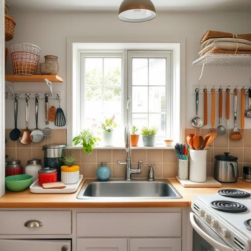 A cluttered kitchen countertop transformed into an organized space, symbolizing clarity and potential.