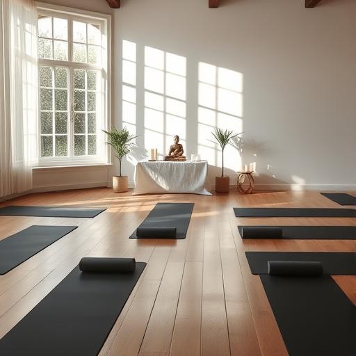 An indoor yoga studio with soft natural light pouring in, illustrating the importance of mindful planning and wellness.