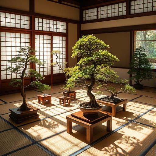 An indoor display of bonsai trees, representing care and nurturing.