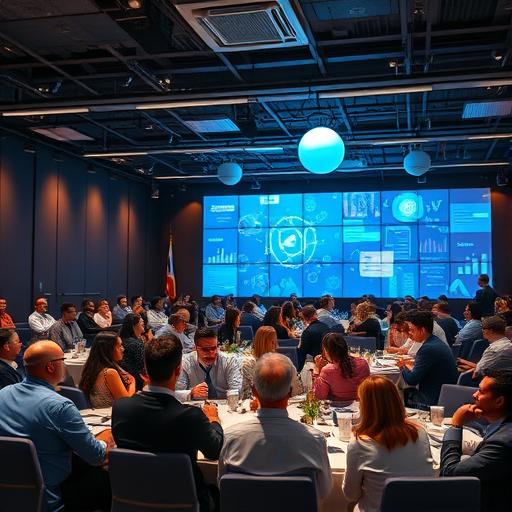 A large conference room filled with diverse individuals collaborating