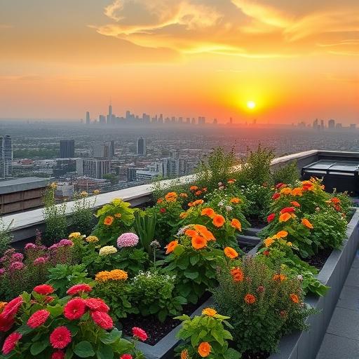 A vibrant rooftop garden filled with an array of colorful plants symbolizing growth and innovation.