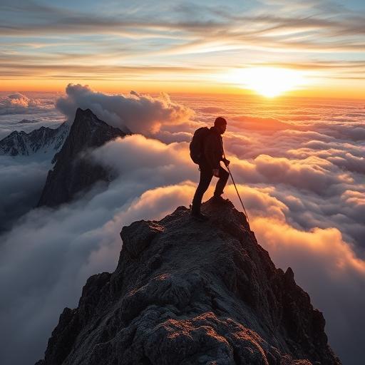 A lone mountain climber at the summit against the sky, symbolizing achievement