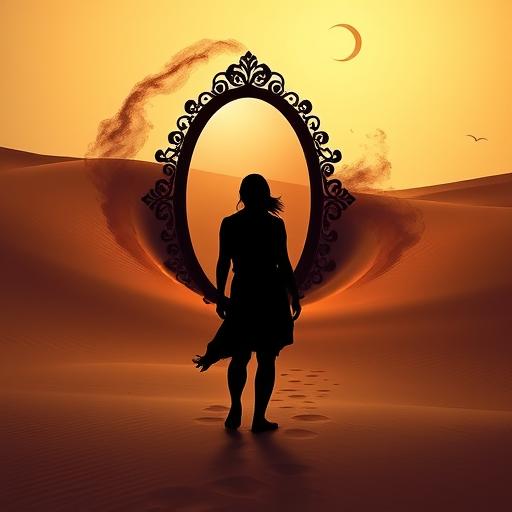 Silhouette of a person in a desert surrounded by sweeping sands