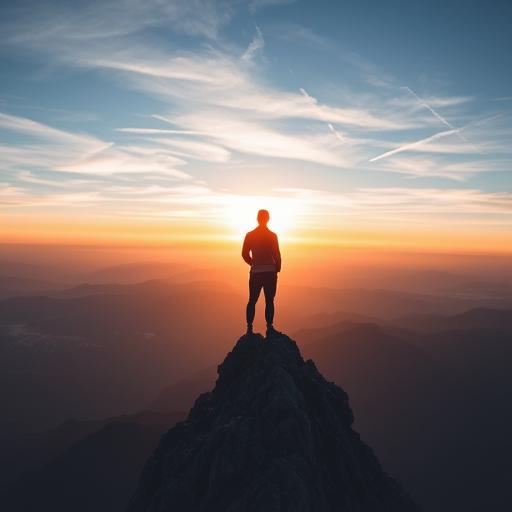 Person standing atop a mountain peak at sunrise representing achievement of small wins