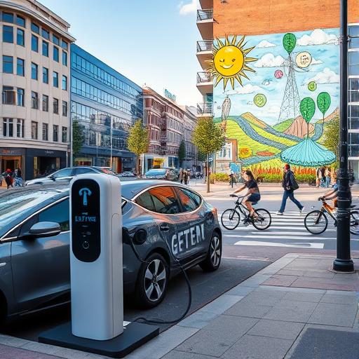An electric car charging station on a busy urban street