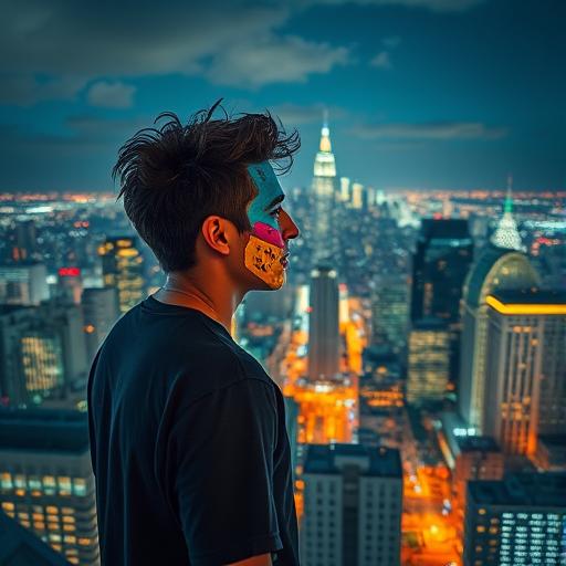 A dynamic cityscape at night with a person standing and looking ahead representing ambition and routine