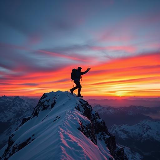 A lone mountain climber reaching the snow-capped peak symbolizing achievement