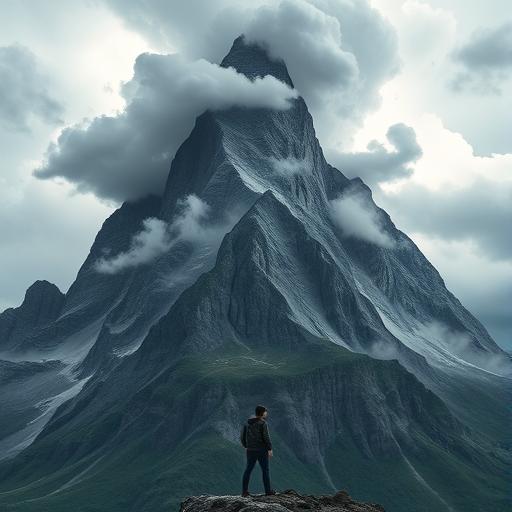 Person standing at the base of a towering mountain representing inner strength