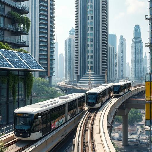 A futuristic cityscape with sleek electric buses and greenery