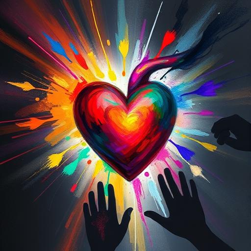 An abstract art piece depicting a heart bursting with vibrant energy and passion