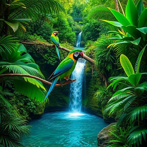 A lush tropical rainforest scene teeming with life
