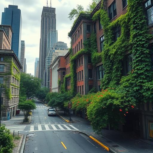 Overgrown cityscape symbolizing growth from ruins