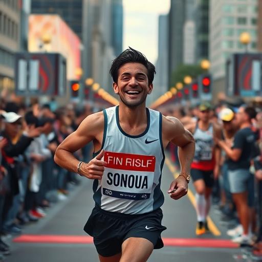Marathon runner crossing the finish line showing triumph over challenges