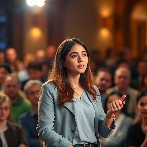 Young woman standing passionately on a stage