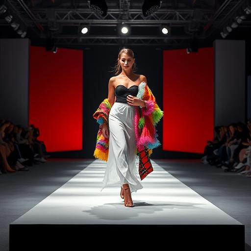 A model dramatically changing outfits on a runway representing confidence and positivity