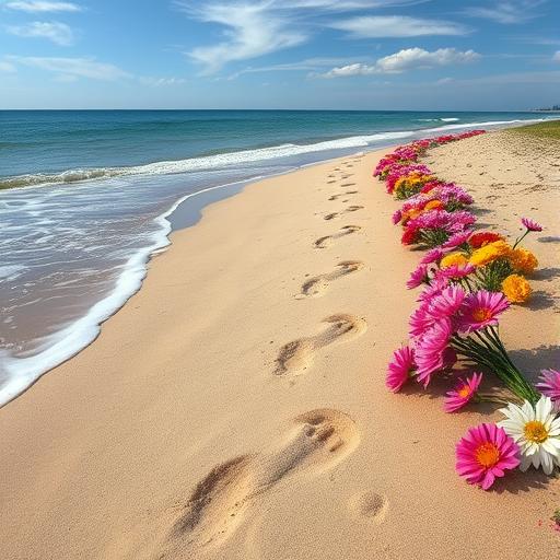 Serene beach setting with footsteps leading from the shore, symbolizing growth