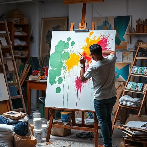 An artist passionately painting on a large canvas